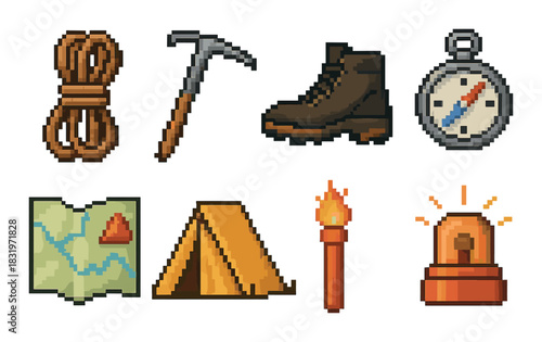 Pixel art camping icons featuring gear and tools for outdoor adventures