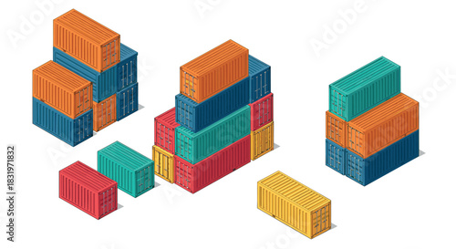 Isometric colorful shipping containers stacked for transport and logistics