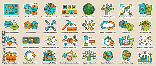 Innovation and creativity tools icon set. includes brainstorming, workshop, design, creativity, strategy, idea, and more. Vector collection