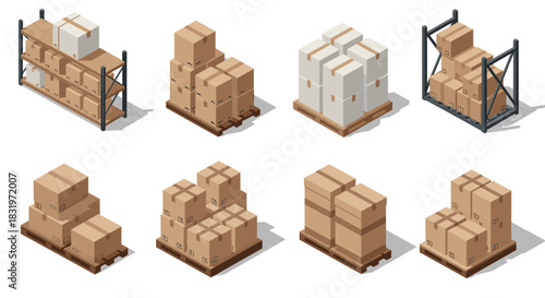 Isometric warehouse cardboard boxes and pallets in storage racks