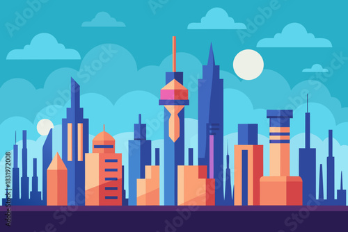 Futuristic city skyline cartoon background simple vector illustration