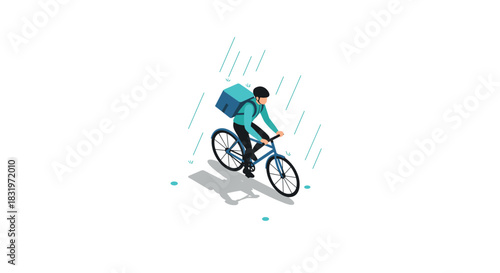 Isometric urban delivery cyclist in the rain with backpack