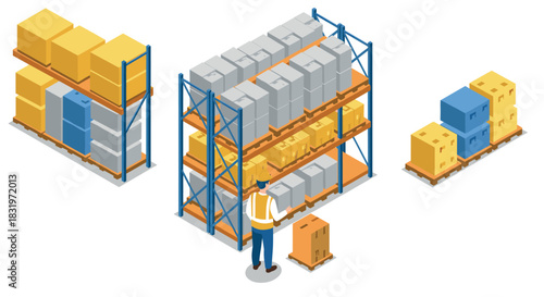 Warehouse inventory management with isometric stackable boxes and shelving