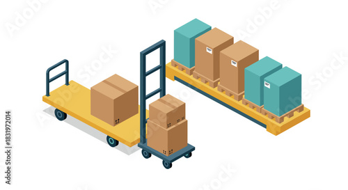 Isometric warehouse trolley and pallet with boxes for industrial and logistic concepts