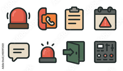 Emergency and communication icon set with alert symbols and interface elements