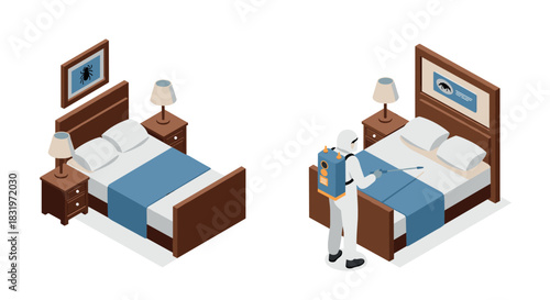 Isometric pest control in bedroom scene with bed and exterminator