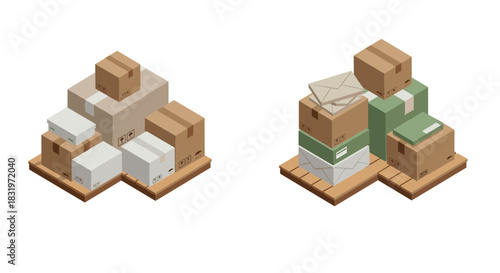 Isometric cardboard boxes and pallets set for warehouse and shipping themes