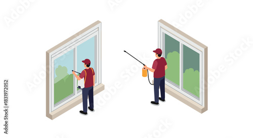 Isometric window cleaning service concept with professional workers using modern equipment