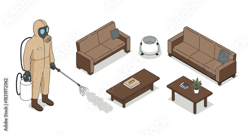 Professional sanitization in modern living room with isometric design