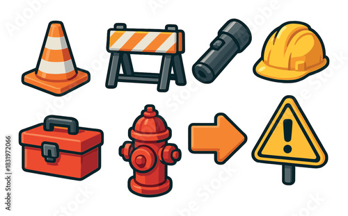 Colorful cartoon icons: traffic cone, barricade, flashlight, hard hat, toolbox, fire hydrant, arrow, warning sign