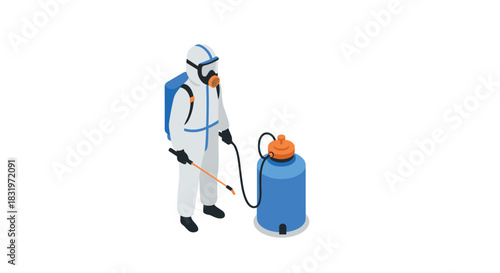 Isometric worker in protective suit using disinfection equipment