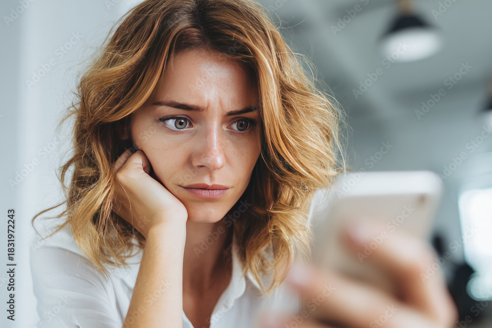Fototapeta premium Two factor authentication on phone causes worried expression as young woman checks her mobile device in modern indoor setting with natural light