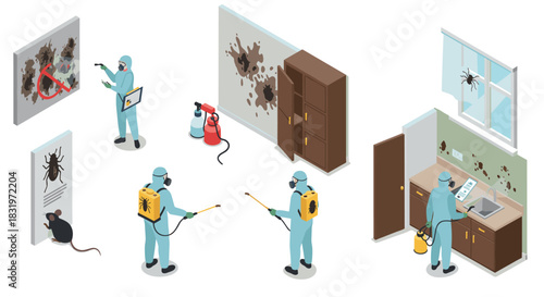 Isometric pest control scene with exterminators and equipment in various indoor settings