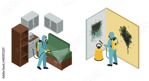 Isometric home cleaning workers in protective gear sanitizing furniture and walls