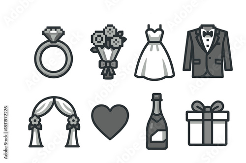 Wedding symbols set with ring, bouquet, dress, suit, arch, heart, champagne, gift