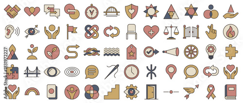 Basic concept icons set. containing heart, eye, gear, leaf, arrow, shield, scale, bridge, tag, speech bubble and more. Vector collection