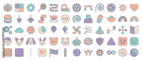 Colorful geometric icons set. containing cube, gear, spiral, smiley, rainbow, sun, cloud, balloon, star, swirl, heart and more. Vector collection