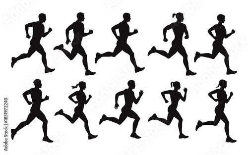 Silhouettes of diverse runners in motion, showcasing athletic movement and fitness progression, isolated on a clean background.