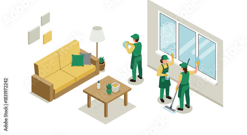 Isometric home cleaning scene with team of workers in living room