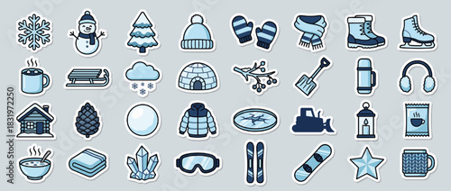 Winter activity and apparel icon set. including snowflake, snowman, tree, hat, mittens, scarf, boots, and skates. Vector collection