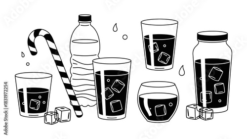 Refreshing assortment of beverages in glasses and bottle with ice cubes and candy cane, hand-drawn sketch style