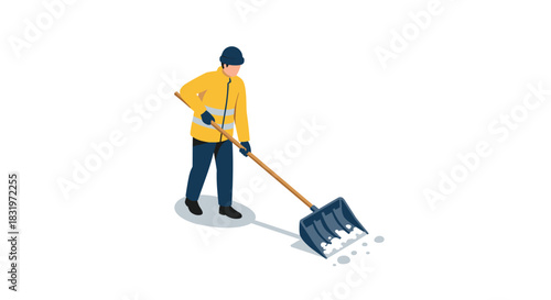 Isometric man shoveling snow in winter gear
