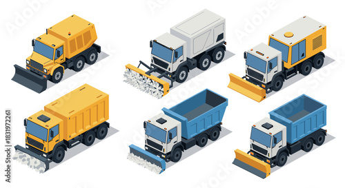 Isometric snow plow trucks collection with various designs and colors
