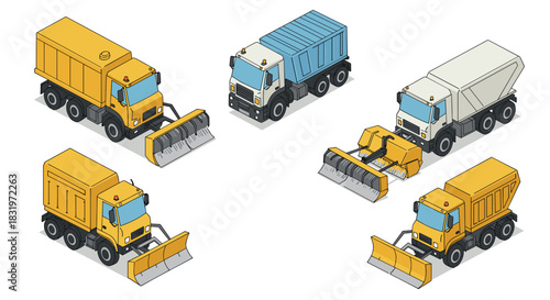 Isometric snow plow and dump trucks set for winter road maintenance