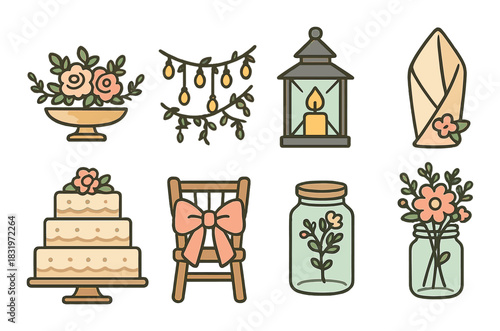 Rustic wedding decor elements: cake, flowers, lanterns, and lights