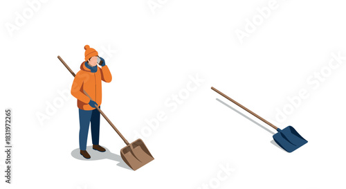 Person in winter clothing using phone and holding snow shovel isometric design