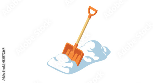 Orange snow shovel in snow drift isolated on white background