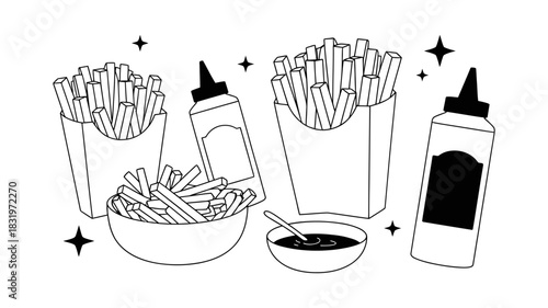Hand drawn illustration of french fries in cartons and bowl with ketchup and mustard bottles and dipping sauce, isolated on white