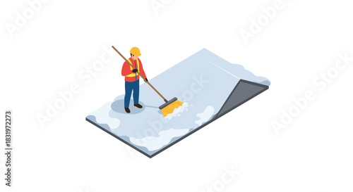 Isometric snow removal worker cleaning roof in winter scene