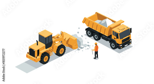 Isometric construction scene with bulldozer and dump truck on white background