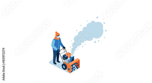 Person operating snowblower in winter weather isometric design
