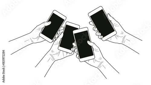 Four hands holding up smartphones in a connected digital communication concept, social media and networking illustration