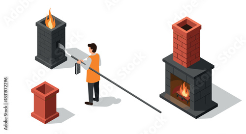 Isometric chimney sweep working on fireplace maintenance with tools