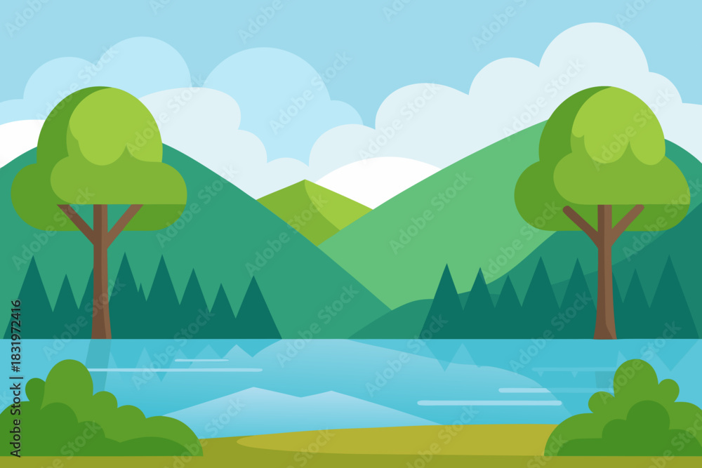 Fototapeta premium Calm lakeside scene with trees cartoon background simple vector illustration