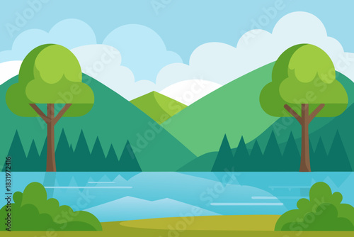 Calm lakeside scene with trees cartoon background simple vector illustration