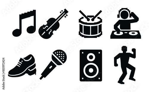 Music icons set: instruments, dance, speaker, dj, drum