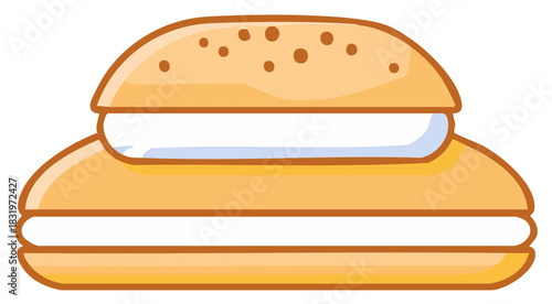 Sweet cream bun illustration with a fluffy whipped cream filling and a decorated top bun