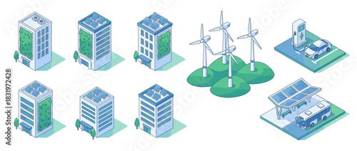 Eco-friendly energy icon set. containing solar panels, wind turbines, electric vehicle, green building, and more. Vector collection