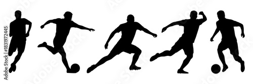 Collection of five distinct soccer player silhouettes engaged in various dynamic actions on a white background, representing sport and movement.