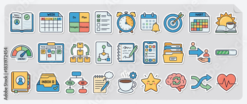 Productivity and planning icons set. including planner, calendar, checklist, clock, graph, habit, folder, teamwork, goal. Vector collection