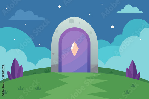 Mystic portal standing in a meadow simple vector illustration