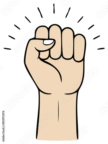 Clenched fist cartoon illustration with radiating lines symbolizing power, protest, and revolution