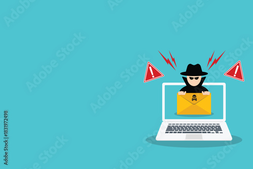 Email data phishing. Cyber thief hide behind spam e-mail. Hacking concept.	Vector illustration	