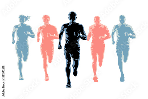 Group of five runners in silhouette, blue and coral alternating with a central black figure, dynamic action shot on white background.