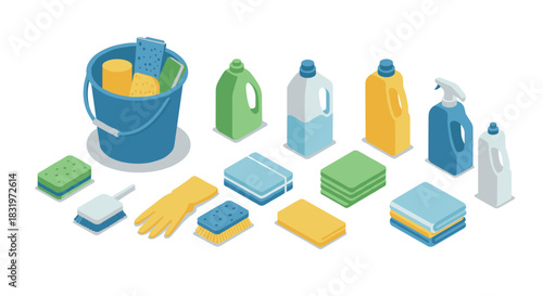 Isometric cleaning supplies collection on white background