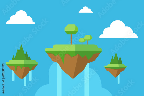 Floating islands with cascading waterfalls simple vector illustration